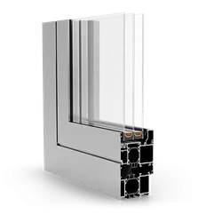 A cross-section of a white UPVC window frame showing multiple chambers, insulation layers, and double-glazed glass panes.