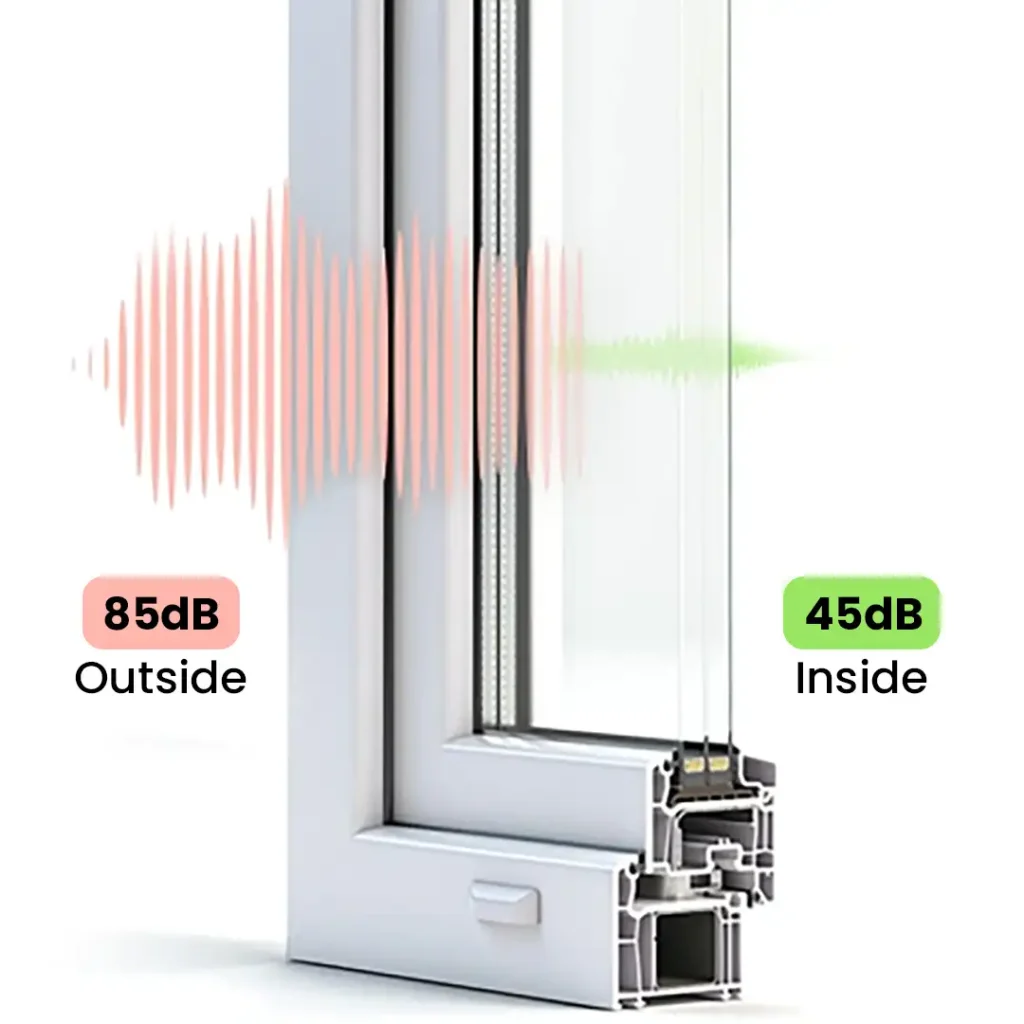 UPVC window with noise reduction graphic