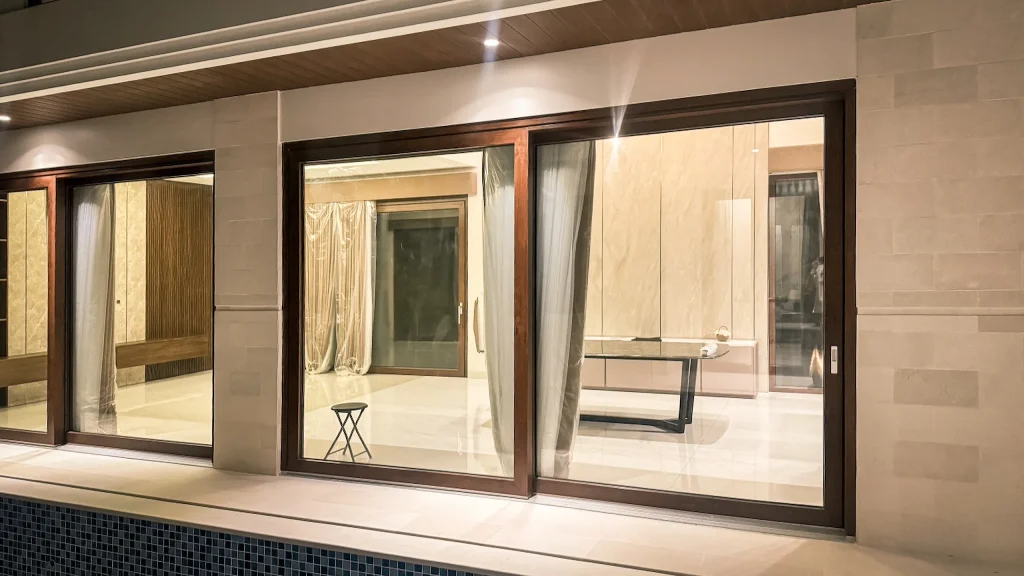 UPVC Lift&Slide door in walnut wood decor